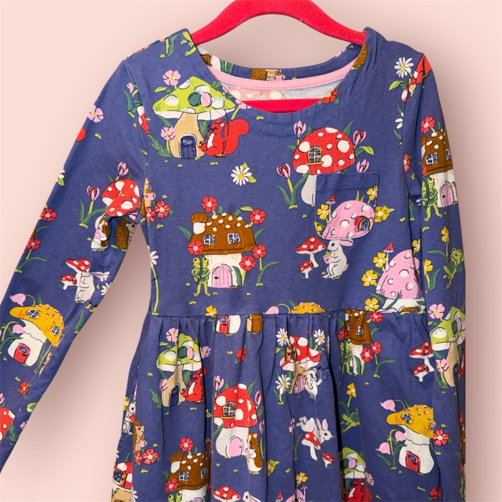Mini Boden Toadstool Print Long-sleeve Cotton dress | size 7-8 - Picture 6 of 12